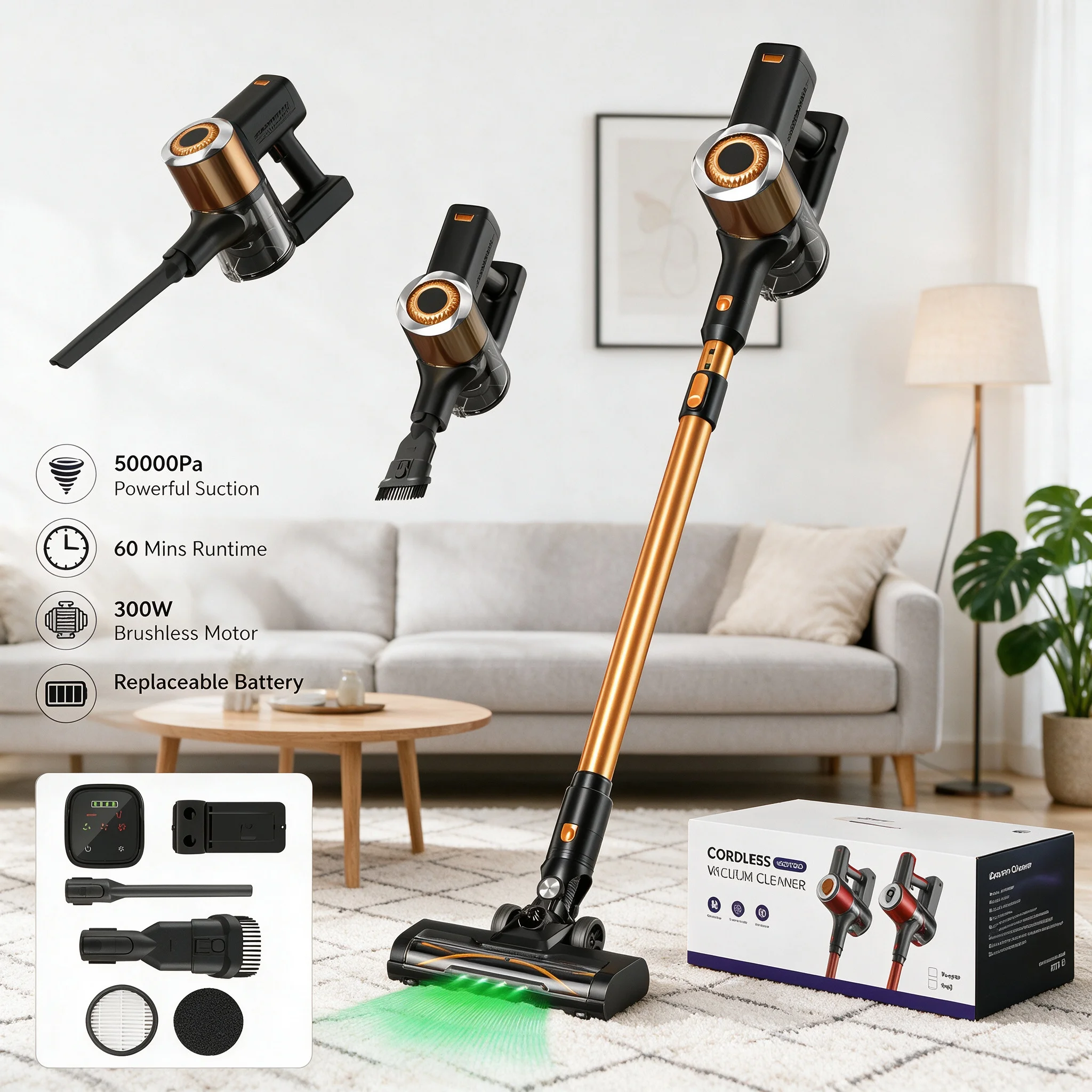 200W Self-Standing Cordless Vacuum Dry Self-Cleaning Brush Roll Strong Suction Removable Battery Wall Mount Stick Vacuum Cleaner