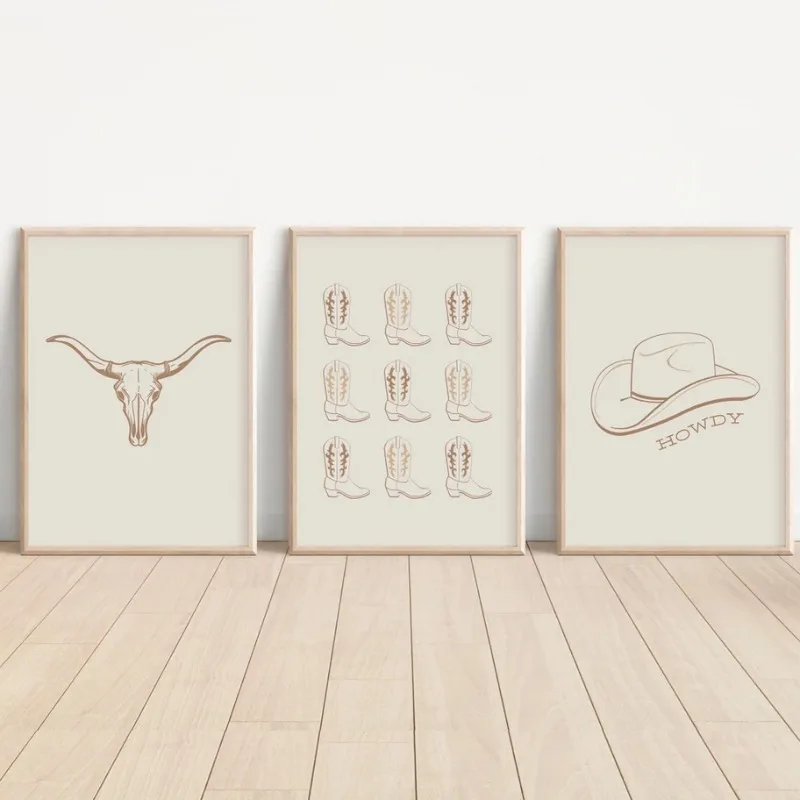 Western Cowboy Hat Cowgirl Boots Boho Modern Minimalist Poster and Prints Canvas Painting Wall Art Picture for Living Room De