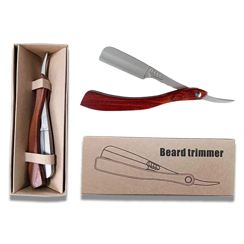 Whityle Beard Trimmer Wooden Folding Straight Razor With 10 Replaceable Blade Metal Shave Knife Style FR01