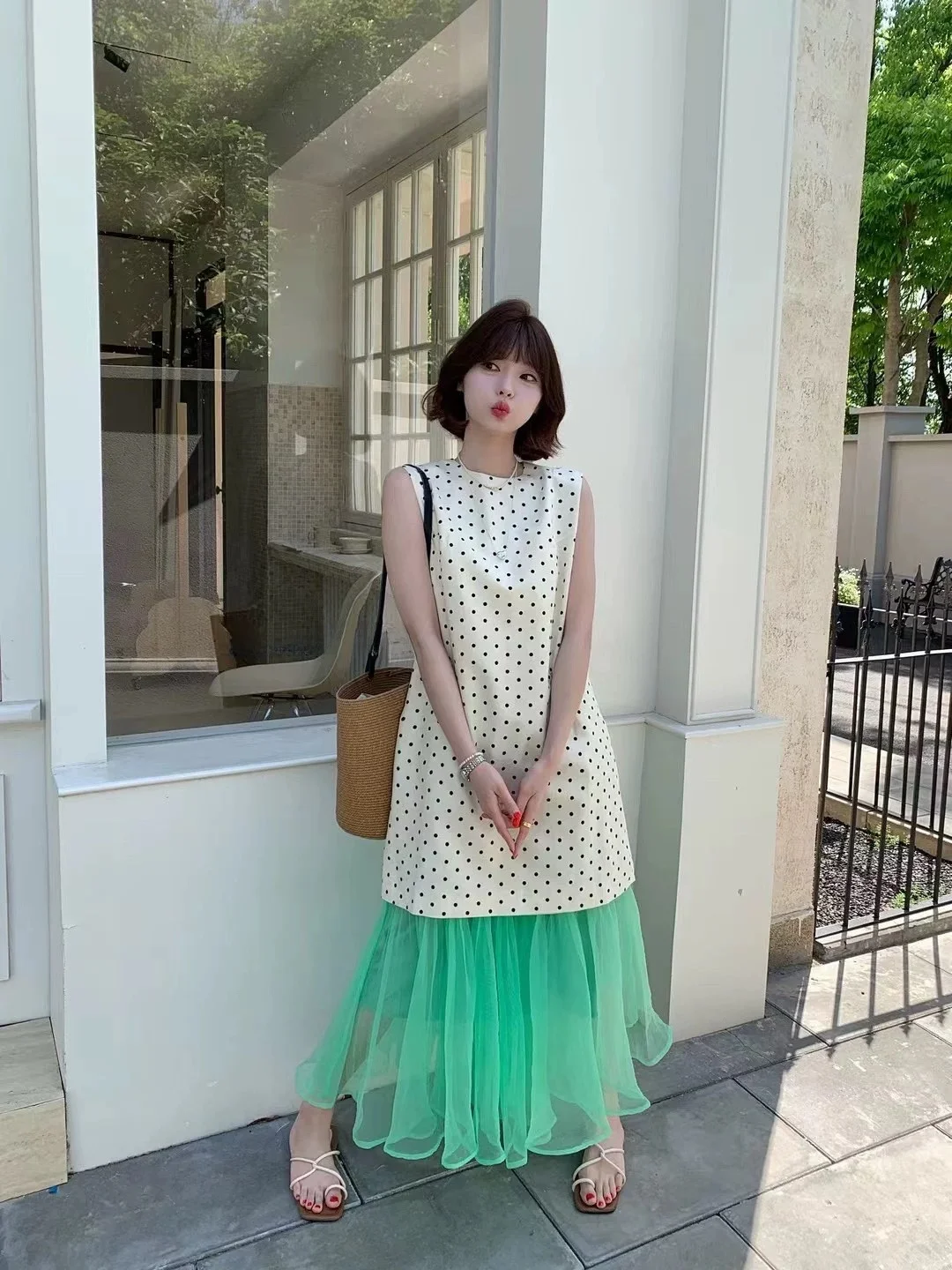 

Свободное корейское платье из хлопка и льна в горошек с круглым вырезом, свободного кроя, для повседневной носки, весна-лето