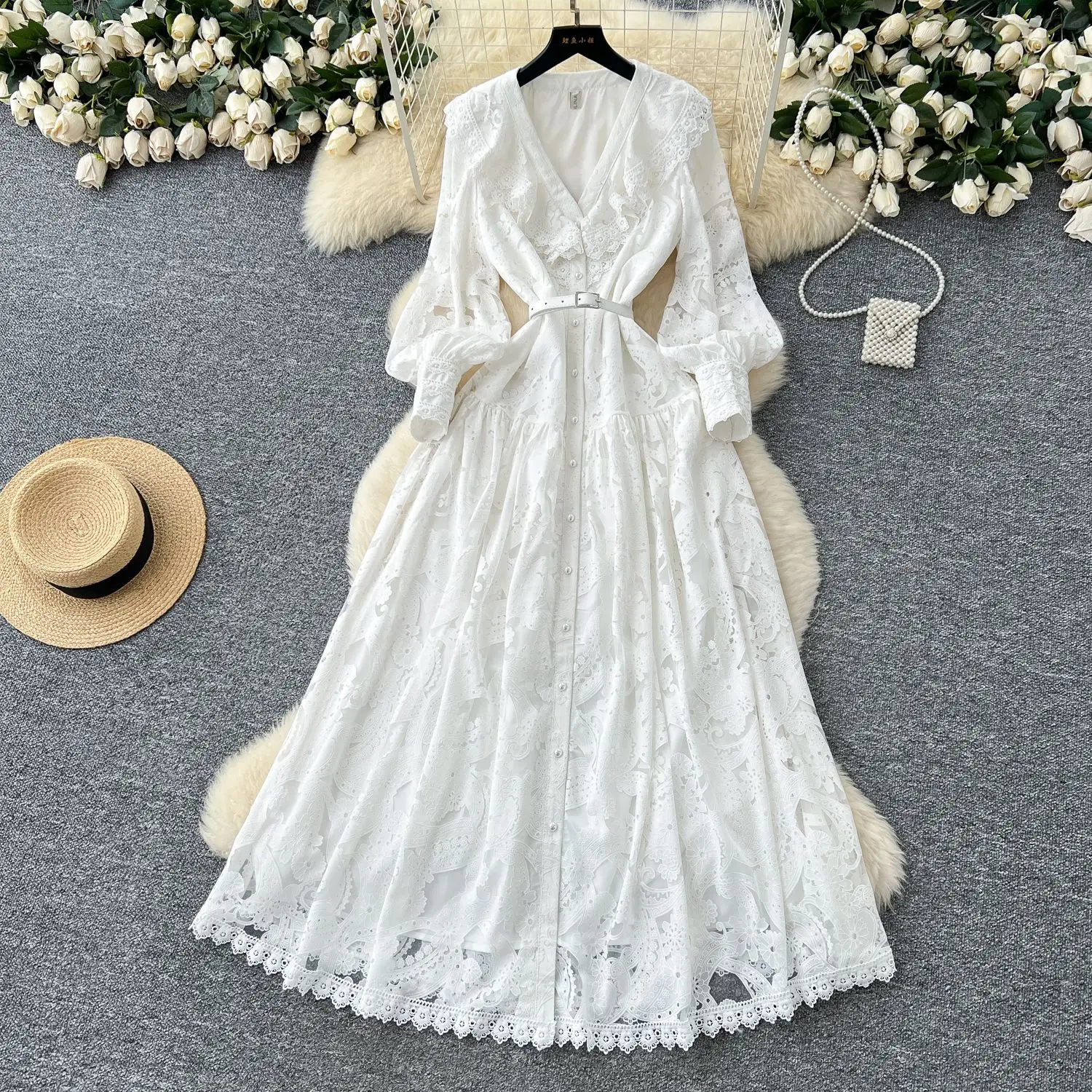 

Women Long Dress Dresses Ruffles Vestidos V Neck Lantern Sleeve Elegant Splice Y2k Streetwear Hollow Out Tight Waist Work Party