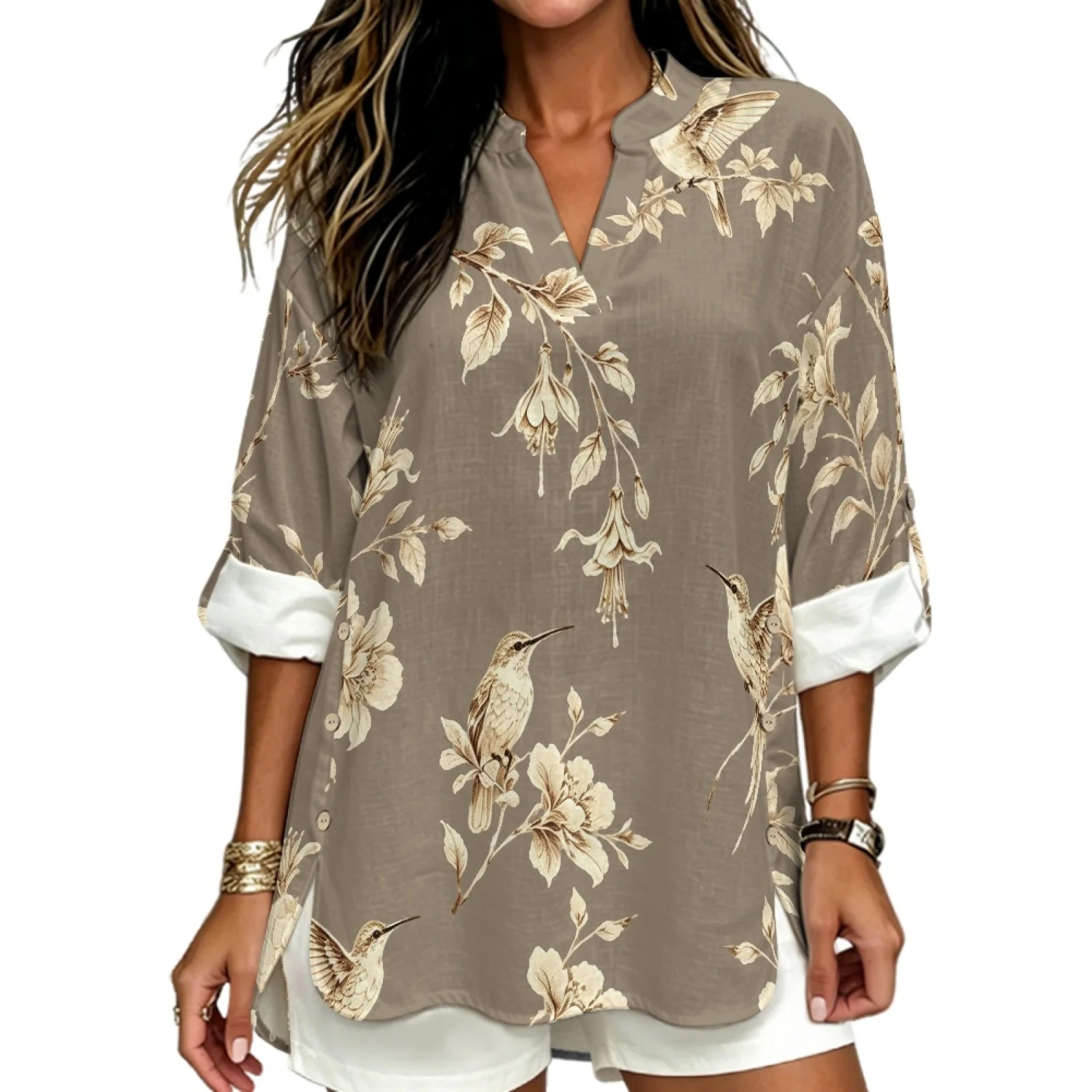 PENSTROLL Bird Floral Print Cozy Beach Tops for Women Linen Like Long Sleeve Blouse Tunic Blouses