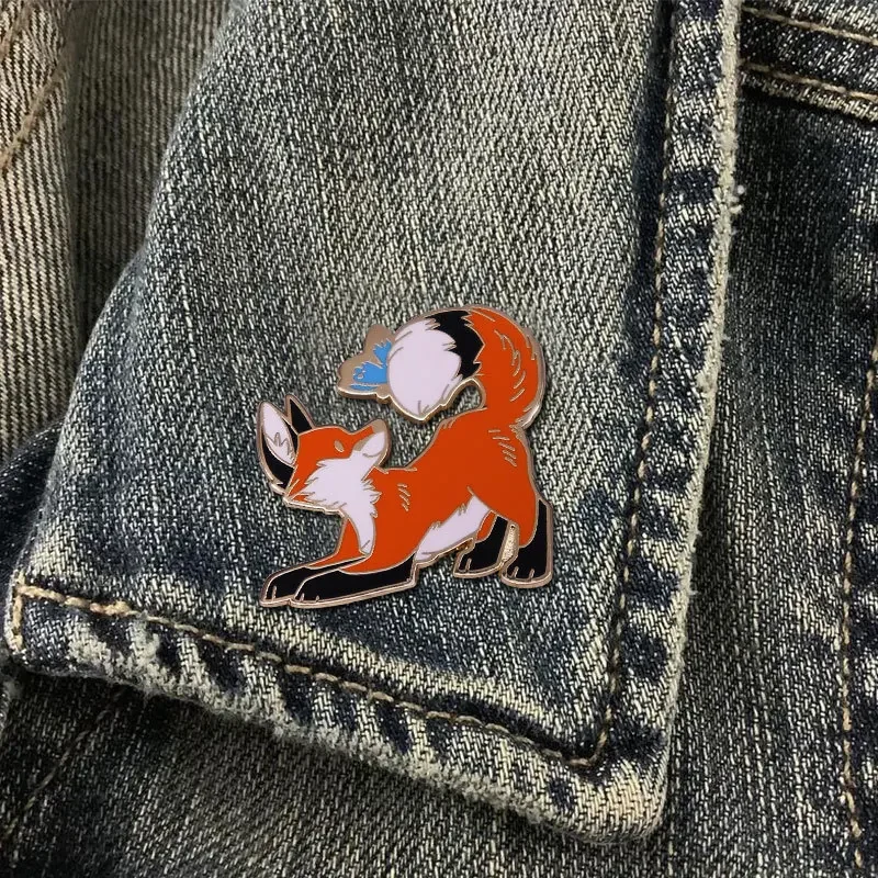 Kawaii Red Fox and Blue Butterfly Hard Enamel Pin Cute Cartoon Forest Foxs Badge Animal Brooch Accessories Fashion Jewelry