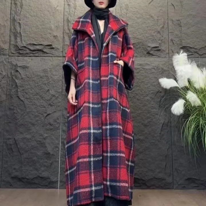 Vefadisa 2024 Autumn Winter New Red Plaid Women Wool Coat Lapel Batwing Sleeve Personality Fashion All-match Long Coat ZXY1018A