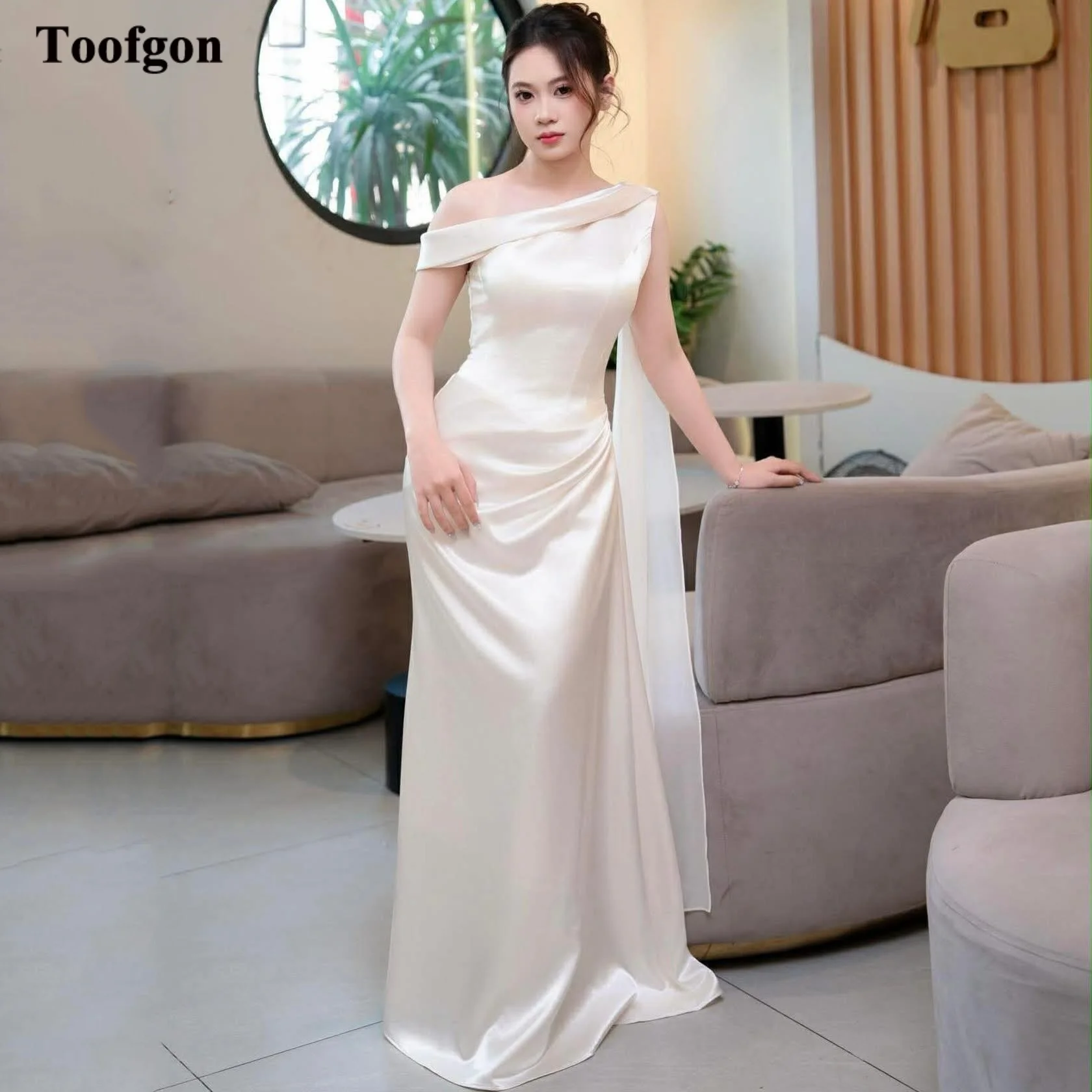 

Toofgon One Shoulder Soft Satin Customized Wedding Dresses Bridal Gowns Korea Bride Photography Dress Formal Party Prom Gowns