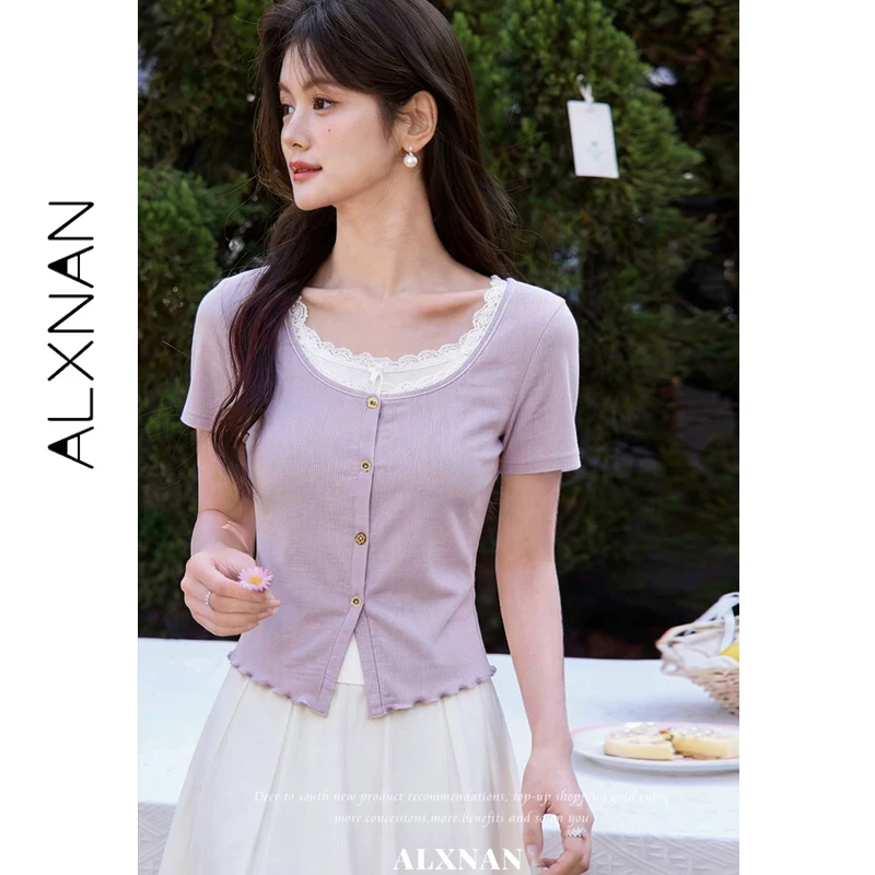 ALXNAN Blue Women's T-shirt with Lace Collar Elegant Wooden Flower Buttons Tees Casual Fake Two-piece Short Sleeve Top L62123-5 view 2