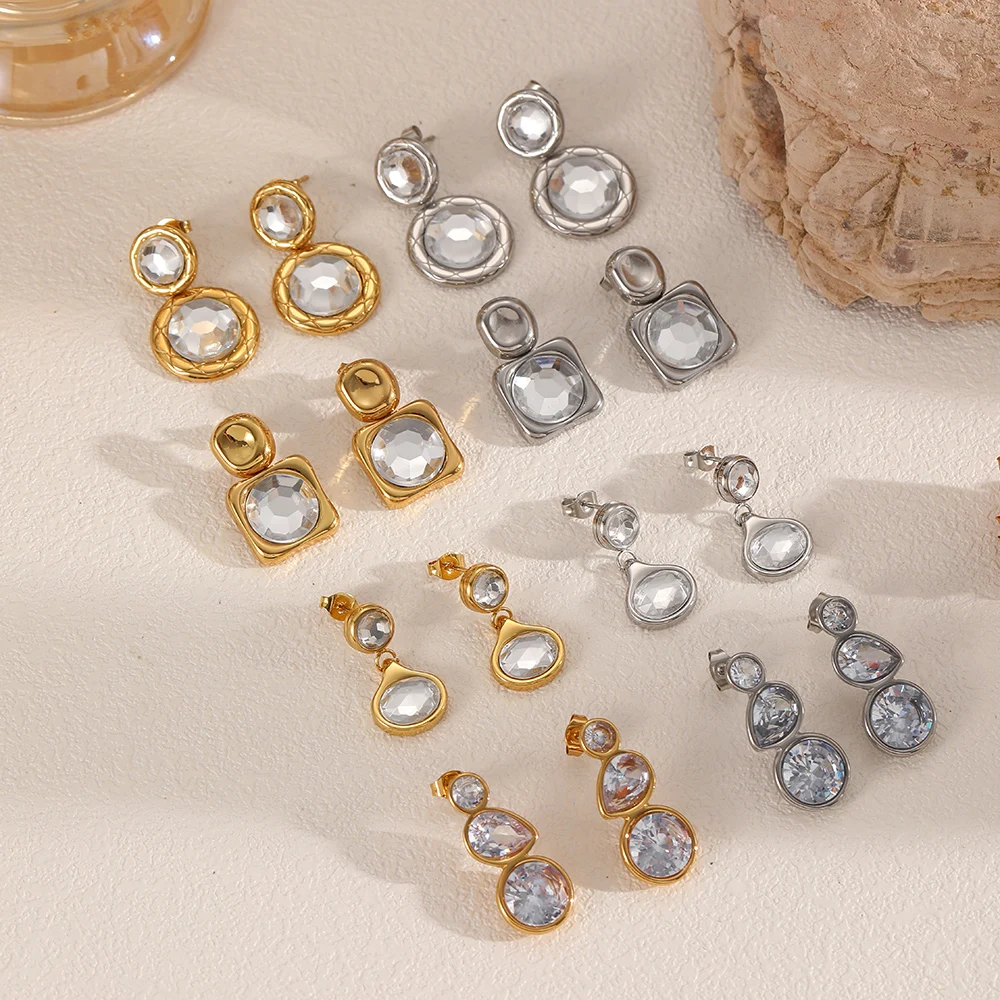 Modische, zarte, glänzende Ohrstecker aus Edelstahl mit Zirkonia, 18K Goldfarben plattiert, hochwertiger Schmuck, Geschenkidee – Detail 1