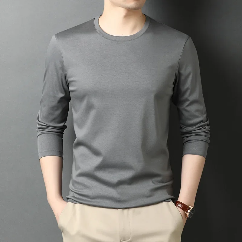 Liquid Ammonia Non-ironing Double-sided Mercerized Cotton Leisure Round Neck Long Sleeve T-shirt Slim Solid Color Thin Shirt