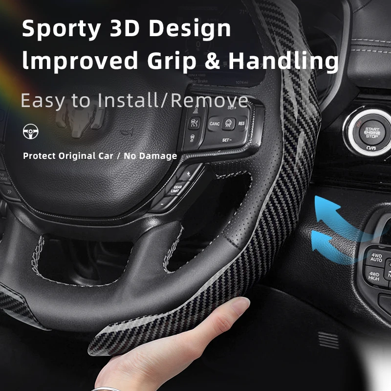 Suitable for Ram Carbon Fiber Texture Steering Wheel Cover Snap-On Wave-Shaped Sport Design Protective Shell Pickup Promaster Rampage 1500 2500 3500 4000 4500 5500 700 1000 Black White Silver