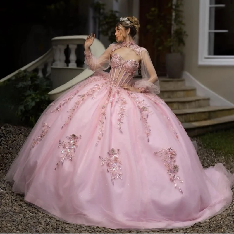 

Pink Shiny Quinceanera Dresses Ball Gown Off The Shoulder Applique Lace Beads Bow Tull Corset Party Birthday Sweet 16 Dress