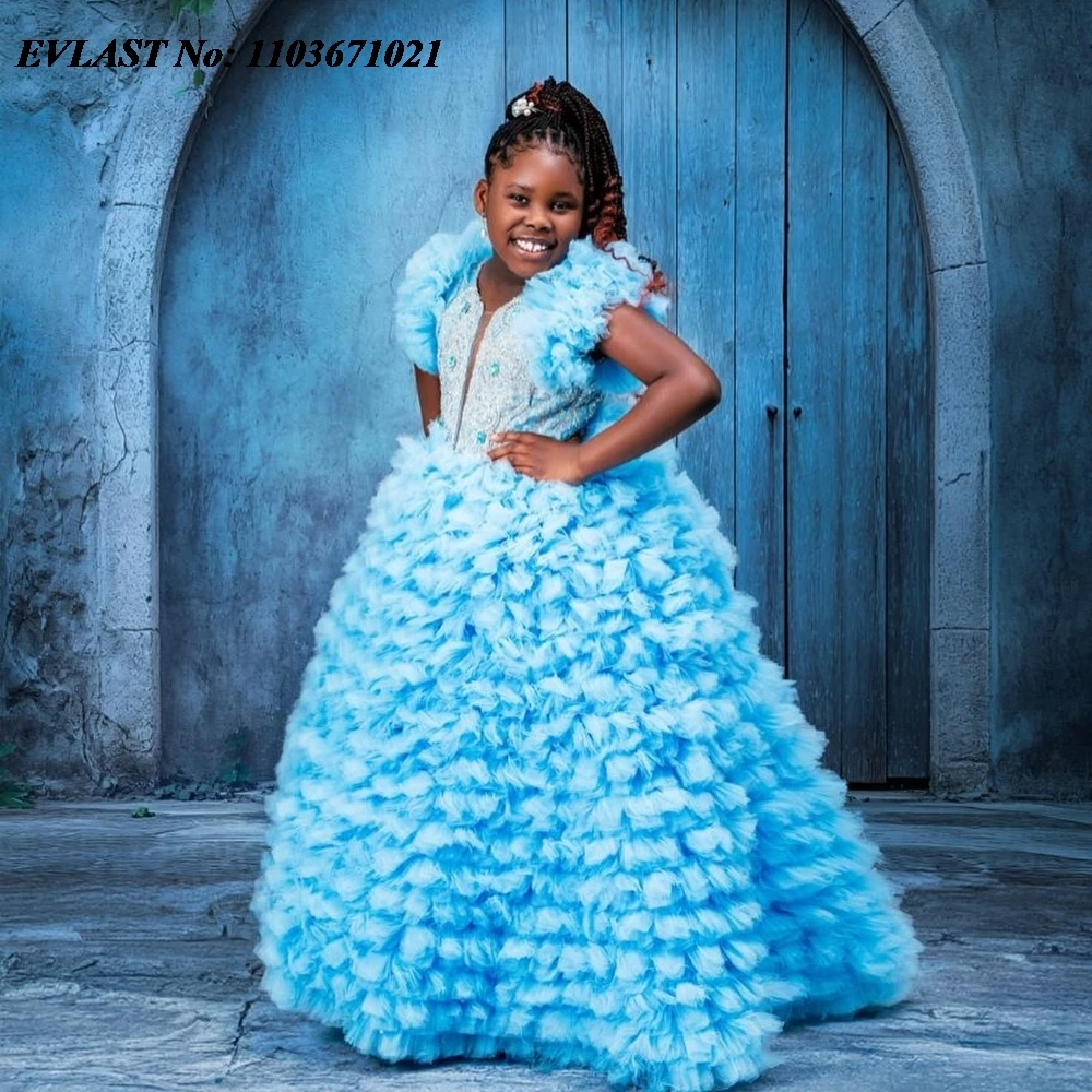 

EVLAST Customized Sky Blue Flower Girl Dress For Weddings Tiered Ruffles Girls Pageant Kids Birthday Holy Communion Gown FD78