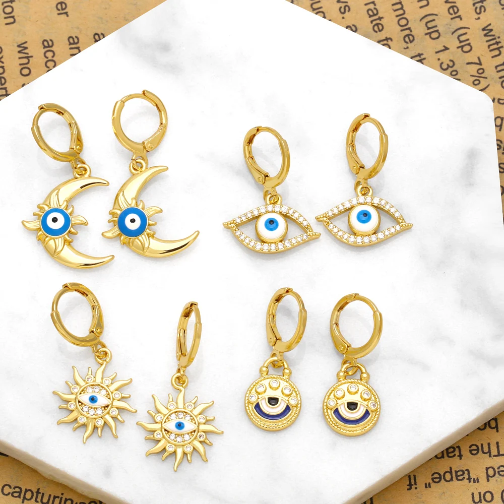 FLOLA Gold Plated Moon and Sun Earrings for Women Enamel Blue Eye Dangle Earrings Simple Jewelry Party Gifts erst45