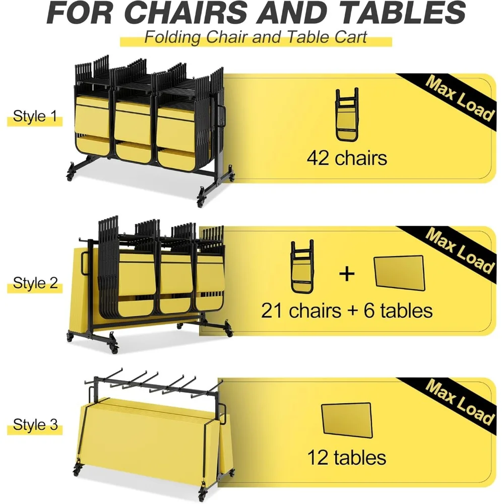 عربة تخزين كرسي معدنية قابلة للطي شديدة التحمل مع طبقة واحدة لـ 42 كرسيًا أو 12 طاولة، تدعم ما يصل إلى 500 رطل