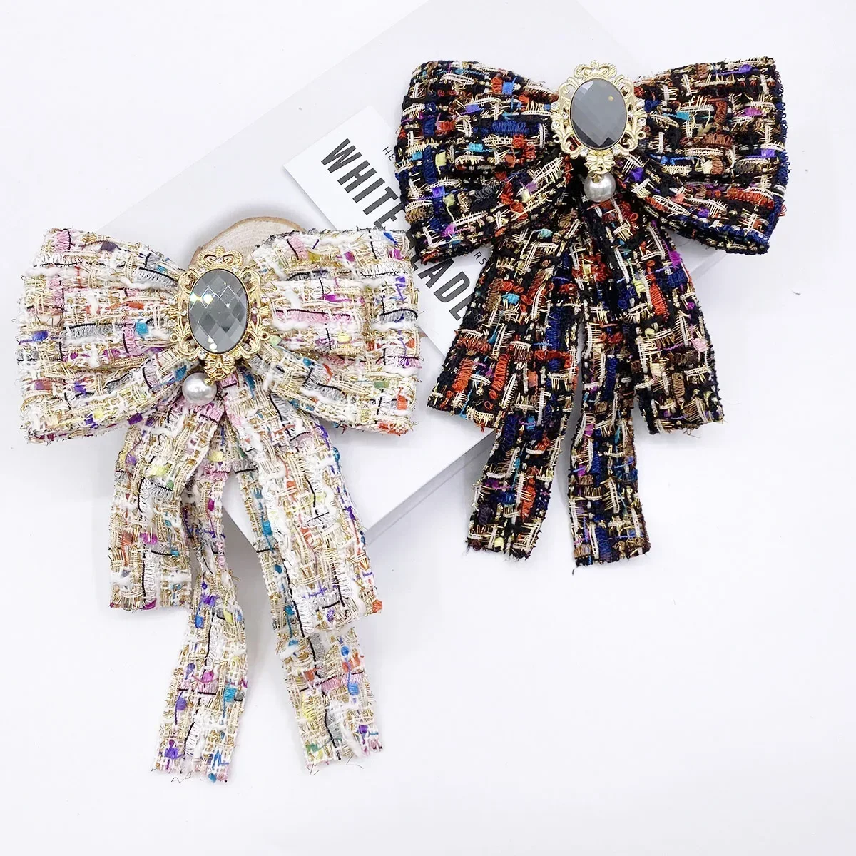 Korean Autumn and Winter New Color Contrast Pearl Pendant Glass Large Bow Brooch Shirt Sweater Coat Bow Tie Pin Accessories