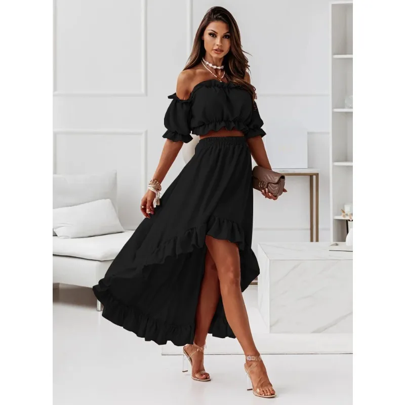 Fashion Y2K Casual Off Shoulder Crop Top Elastic High Waist Irregular Ruffle Long Skirt Women Sexy Two Piece Set Party Outfits