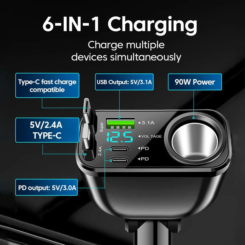 

150 Вт 5 в 1 USB Автомобильное зарядное устройство Выдвижное PD Быстрая зарядка Автомобильное зарядное устройство для телефона для iPhone Samsung Xiaomi Автомобильный адаптер прикуривателя