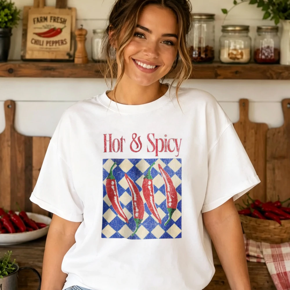 Hot & Spicy Text with Four Red Chili Pepper Checkerboard Background Print T Shirt Women Distressed Cotton Tee Trendy Street Tops