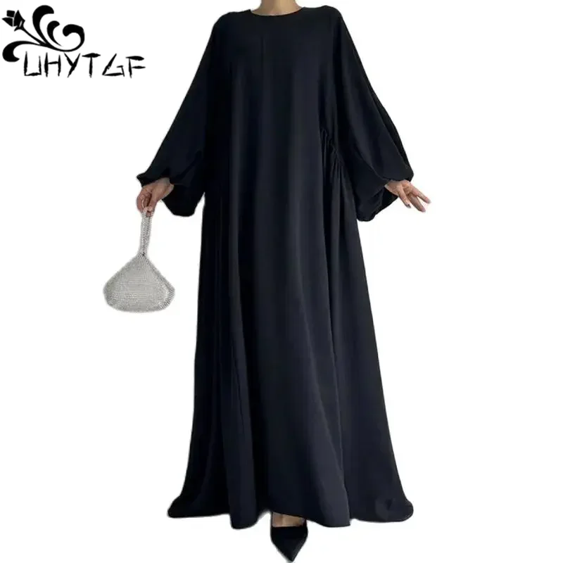 Abaya Ramadan solide Bischof Ärmel Kebaya Kaftan elegante Rundhals ausschnitt Maxi Länge Kleid Islam Abayas für Frauen Maxi Vestidos 601