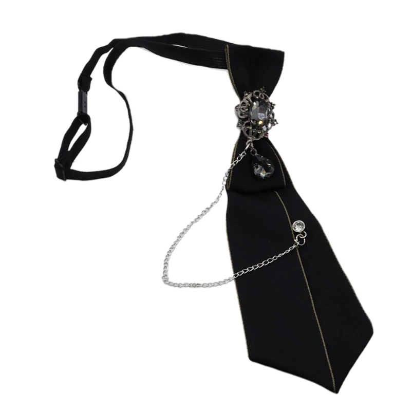 Gothic Black Necktie for Rhinestone Pendant Metal Chain Evening Party Pretied