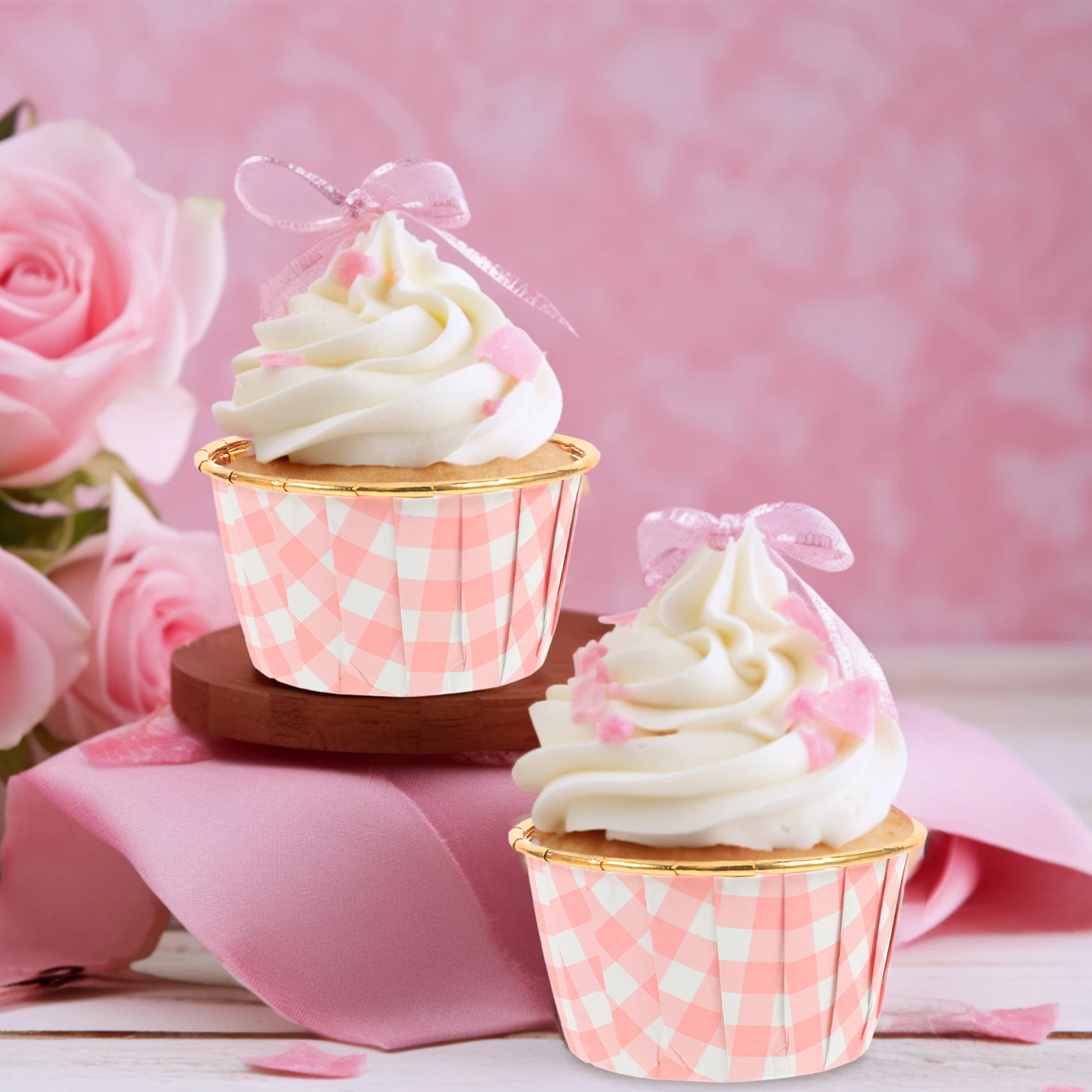 

50pcs Baking Paper Cupcake Case Cups Paper Baking Cups Pink Check High Temp Muffin Liners Party Cupcake Holders Supplies