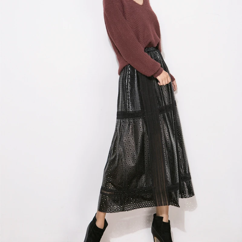 Genuine Leather Long Skirt Women Spring Summer First Layer Sheepskin Stitching Knitting Hollow Out Elastic Waist Black Etekler