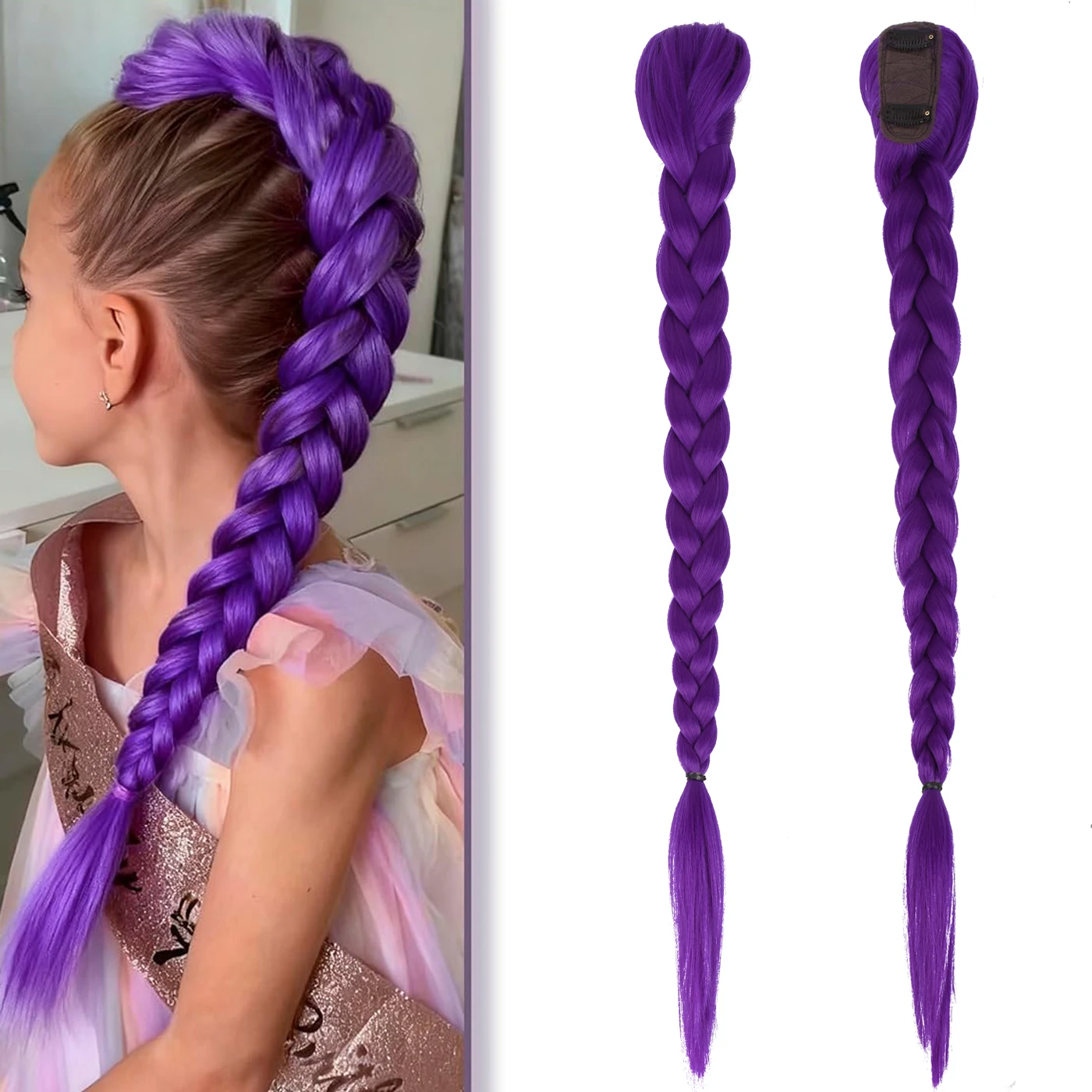 

Easy Clip in Purple Ponytail Extensions 26inch Rumi Kids Long Purple Braids Synthetic Fiber Hair for Cosplay Halloween Costume