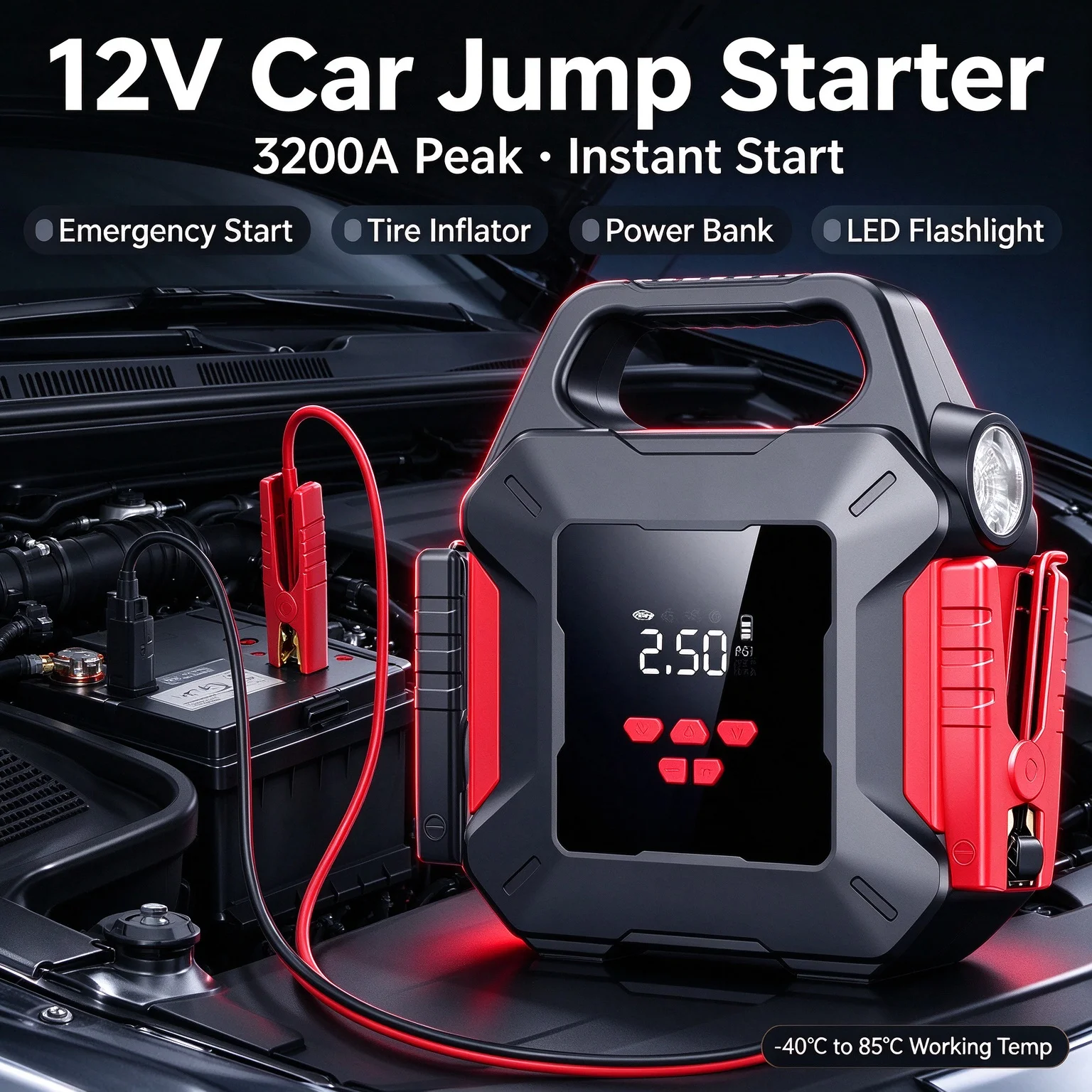 12V Portable Car Jump Starter with Air Compressor 3200A 150PSI Wireless Tire Inflator Auto Battery Booster Fast Starting Device