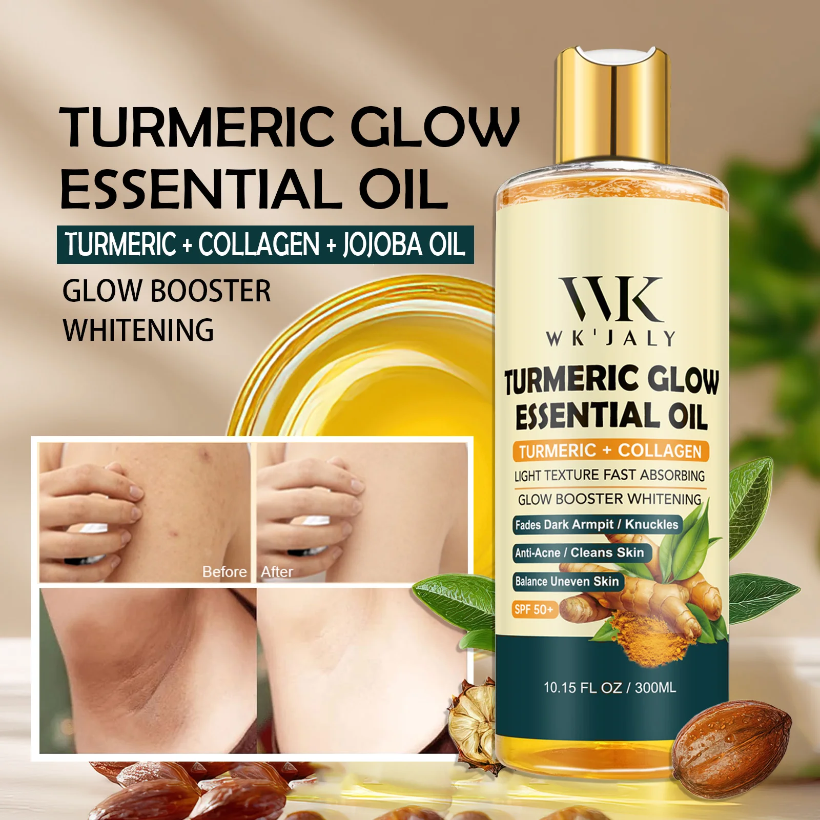 WK JALY Turmeric Whitening Essential Oil, With Collagen, Moisturizing, Brighten, Remove Acne, Dark Spots, for All Skin, 300ml