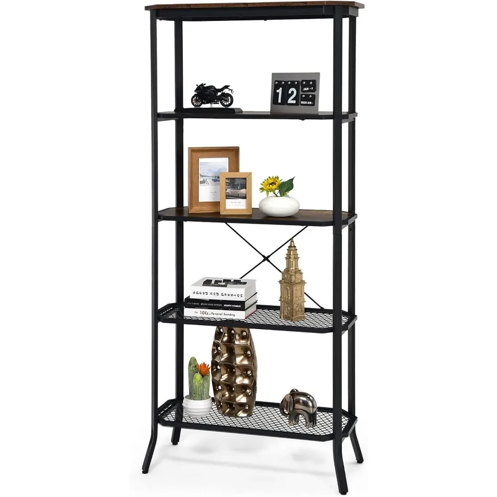 

5 Tier Bookshelf, Freestanding Storage Shelving Unit with Steel Frame and Out-Stretched Legs, Industrial Open Display S