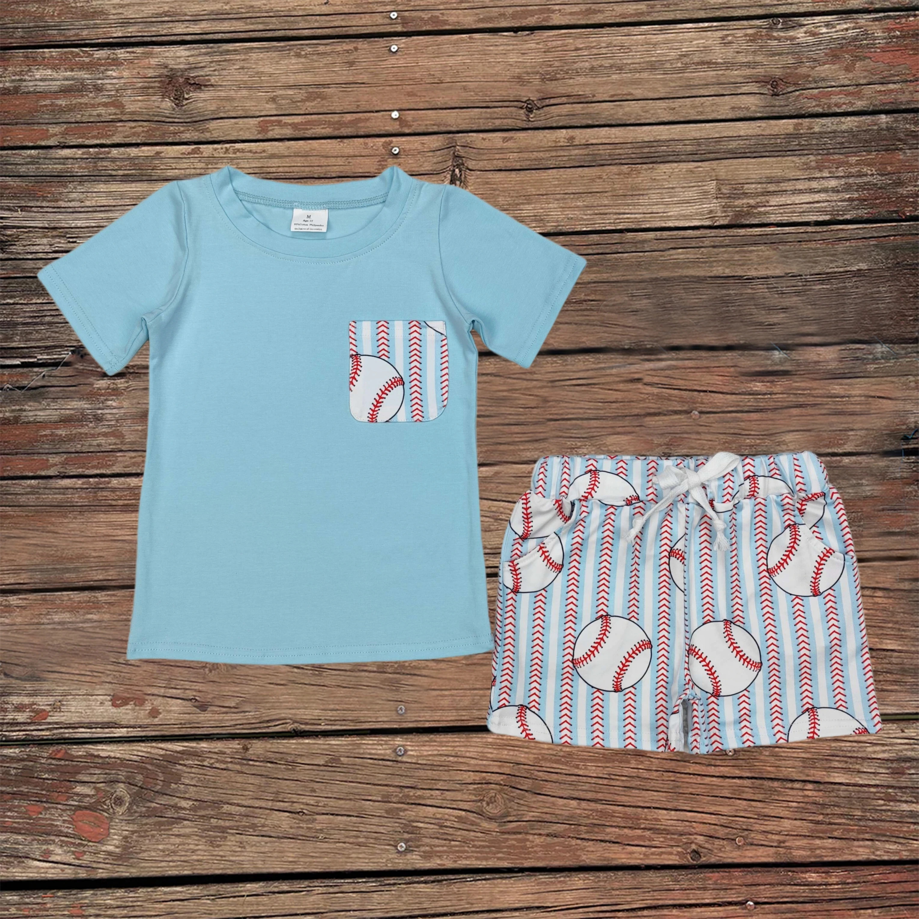 

Wholesale Baby Boy Outfit Children Summer Sets Infant Toddler Cotton Short Sleeves Pocket Top Shirt Kids Baseball Stripes Shorts