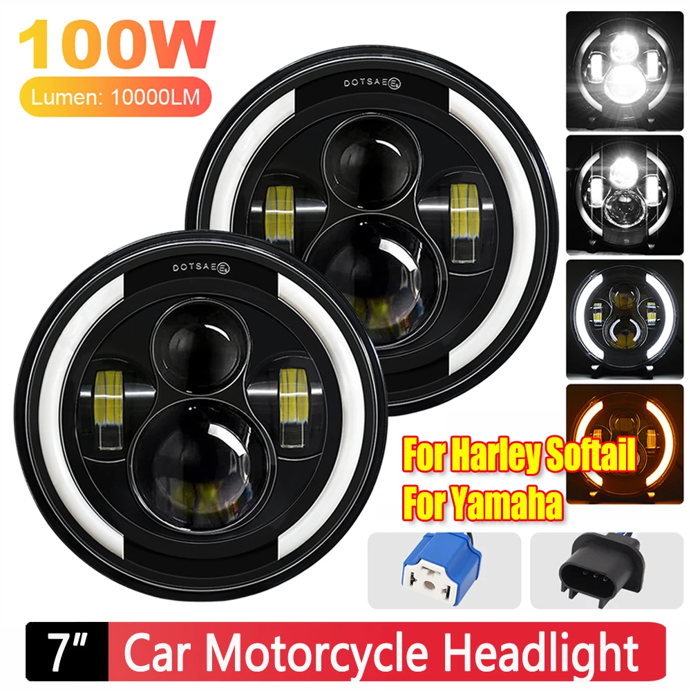 7 Inch LED Round Car Motorcycle Headlight IP67 Waterproof 3000K-6000K 9-30V H4 Halo Ring High Low Beam DRL Turn Signal Light