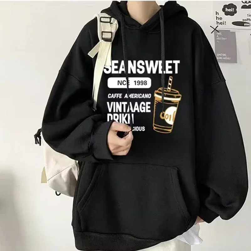 LIBIELIY Fashion Loose Pockets Printed Letter Hooded T-Shirts Men's Clothing 2024 Autumn New Oversized Young Style Tops Casual T