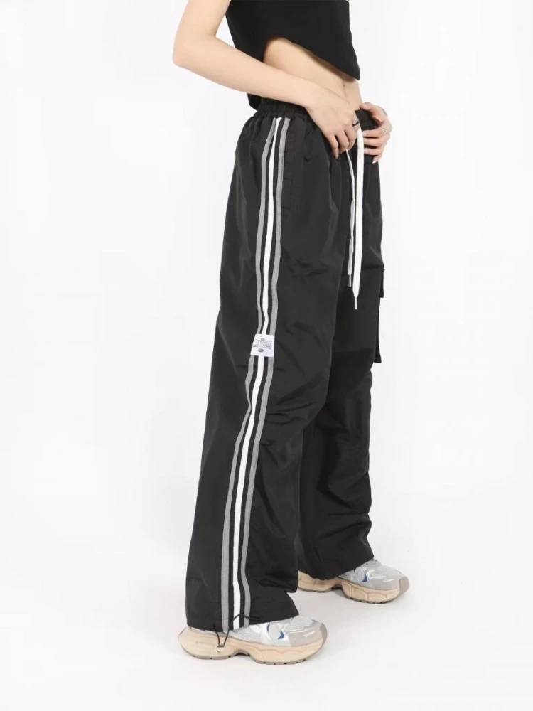 QWEEK Y2K Cargo Pants Women Baggy Vintage High Waist Stripe Sweatpants Casual Loose Drawstring Parachute Wide Leg Jogger Pants