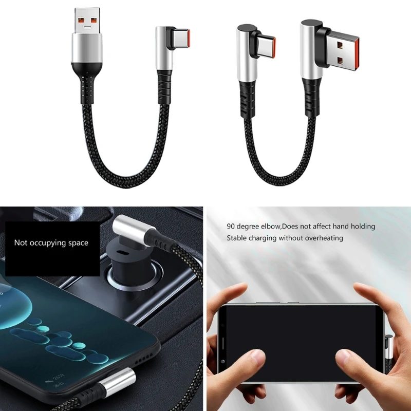 كابل بيانات شحن سريع مضفر من النايلون USB إلى النوع C 90 درجة مع نقل سريع 6A لأجهزة الألعاب