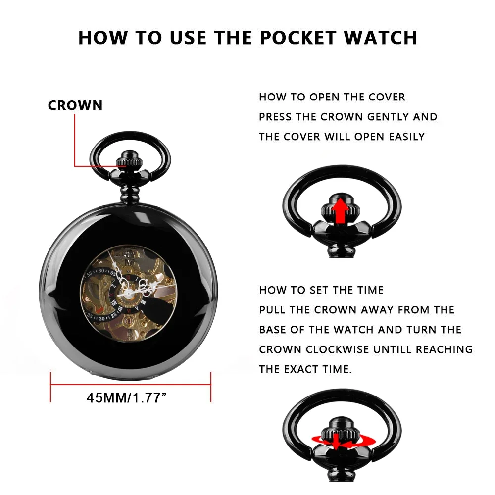 NEW All Black Flip Hollow Out Mechanical Pocket Watch High Quality Vintage Necklace Pendant Pocket Watch For Men Women