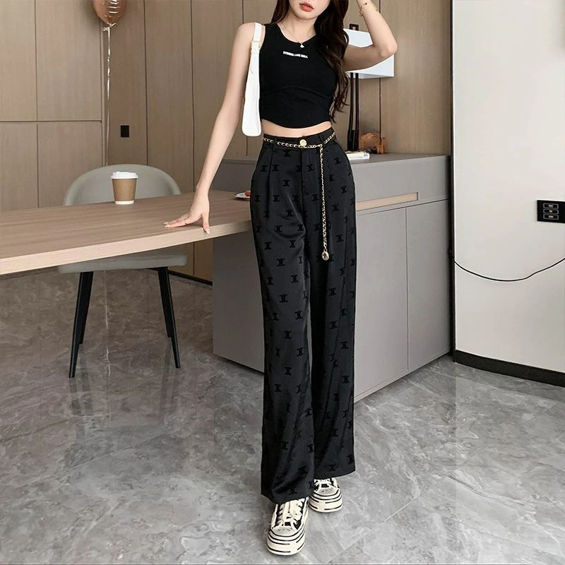 

Flocking acetate satin suit wide leg pants for women's summer thin 2023 new high waisted drape ice silk floor mop pants