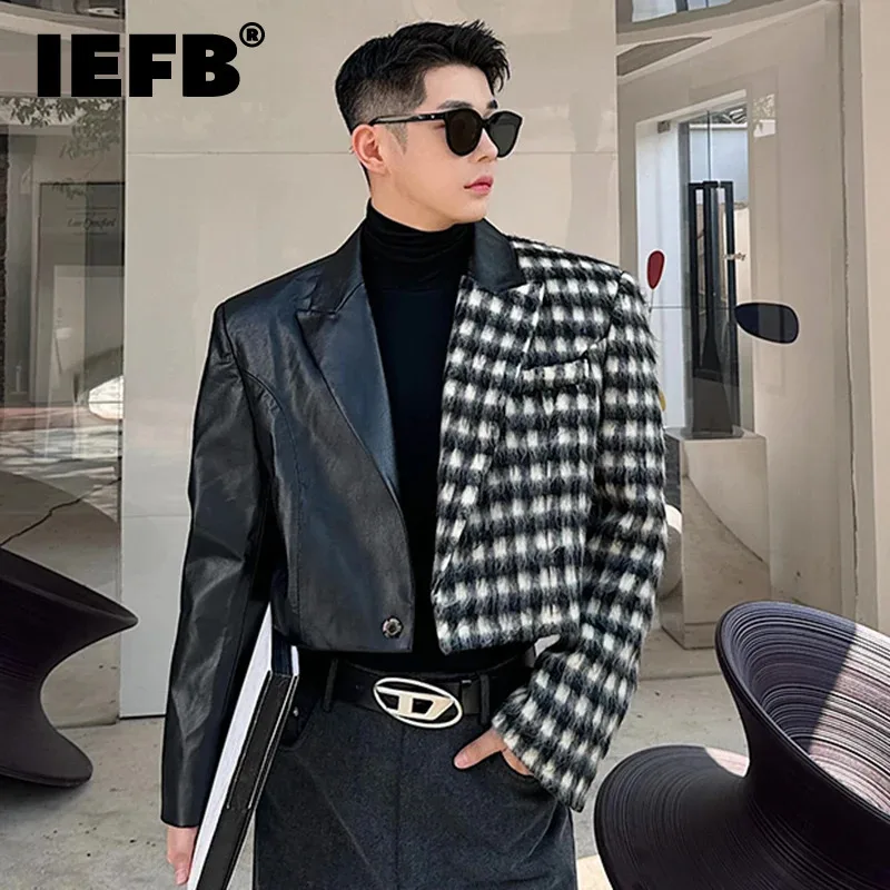 IEFB Designer Men\'s Jacket Contrast Color Plaid Woolen Leather Patchwork Short Coat Versatile Turn-down Collar Male Top 9C3595