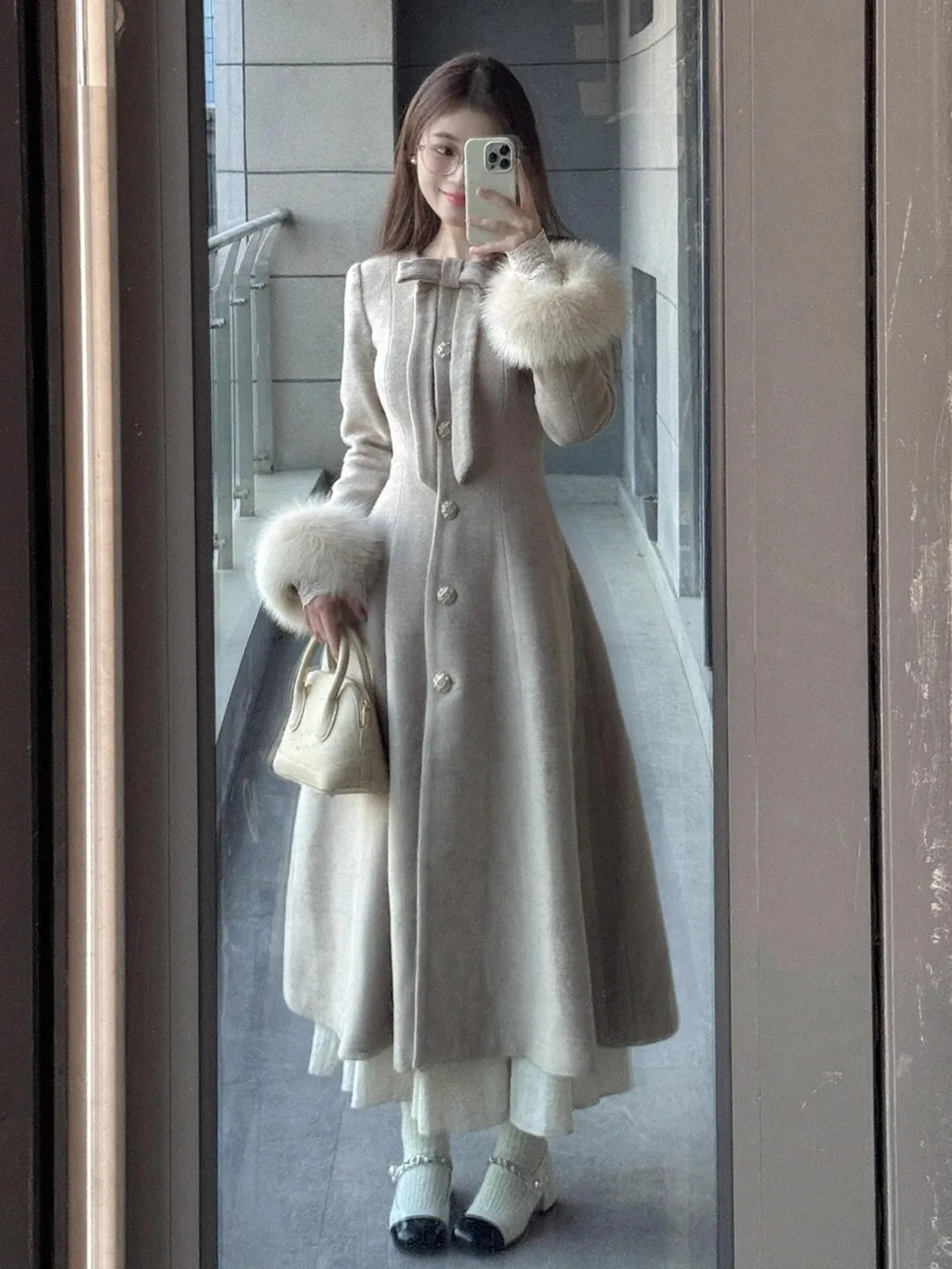 معطف المرأة الفرنسية مزاجه نمط طويل الخصر Cinched الفراء كم معطف الخريف الشتاء جديد بلون الراقية معطف الصوف #5