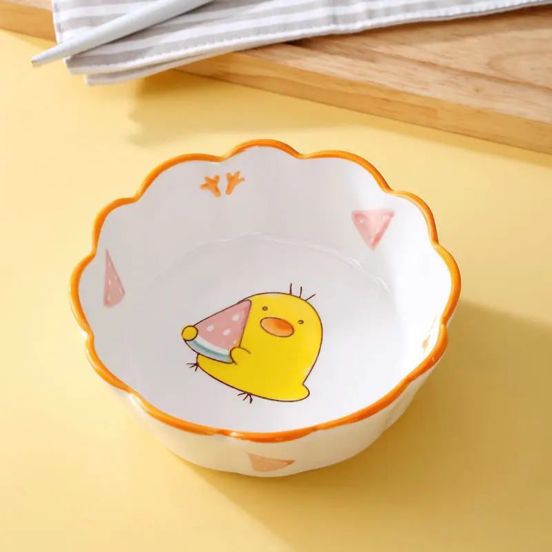 Household Creative Ceramic Bowl Japanese Cherry Blossom Edge Hand-painted Cute Girl Fruit Salad Bowl Net Red Instant Noodles Bow