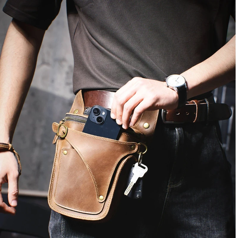 

Men's Vintage Pull-Up Leather Waist Bag, Top Grain Cowhide Fanny Pack with Key Holder, Retro Hip Pouch & Phone Case
