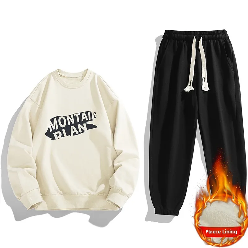 

Men's round Ne Fce Lined Sweatirt Casual Sportswear Set Large Size Bla Loose Fit Youthful Winter Outerwear