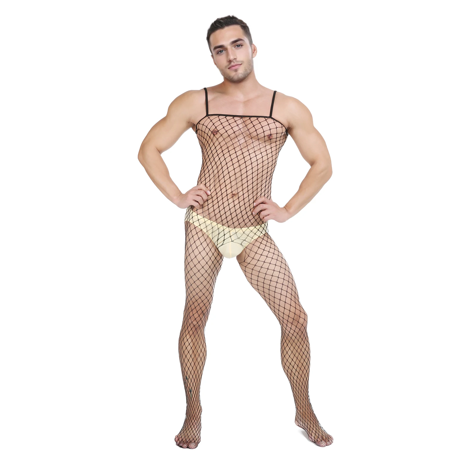 CLEVER-MENMODE Men Sexy Underwear Body Stockings Crotchless Fishnet Jumpsuit Pantyhose Buttocks Spaghetti Crossdress Lingerie