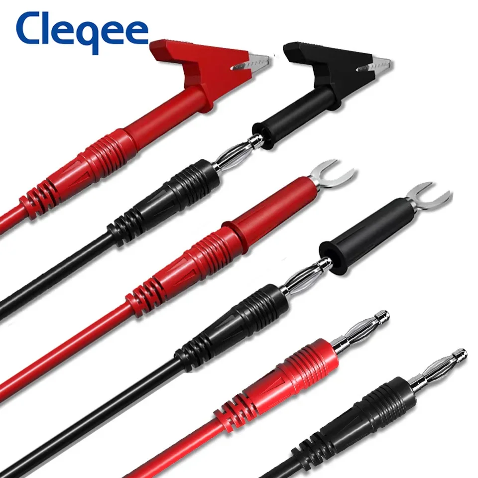 Cleqee P1041B Kit de cables de prueba de enchufe Banana Dual de 4mm, pinzas de cocodrilo a enchufe de pala tipo U de 6mm, Cable de 100cm y 1000V