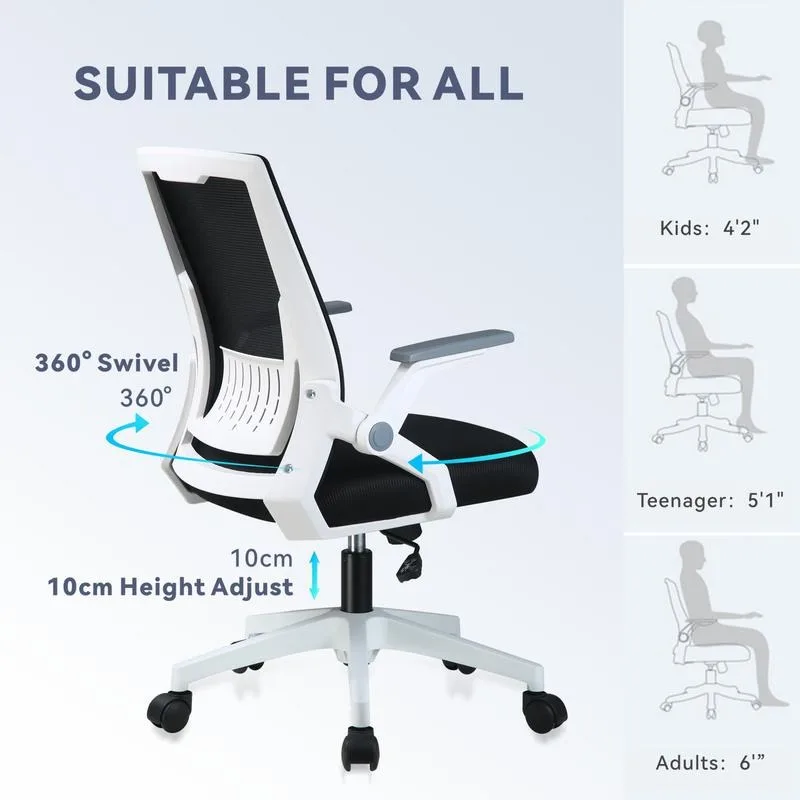 COMBathroom-MA Chaise de Bureau Ergonomique avec Accoudoirs Rabattables, Fauteuil de Travail Pliable en Maille avec Roues, Adaptatif, pour Ordinateur