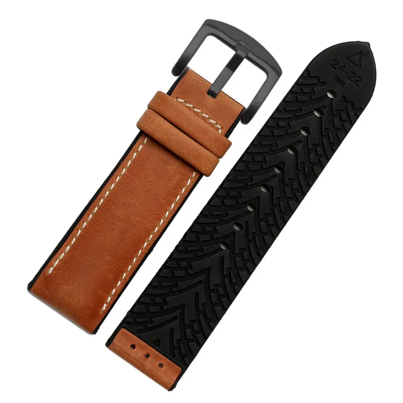 Matte leather rubber bottom strap For fossil Panerai 20mm 21mm 22mm 23 24mm waterproof soft Dark/light brown cowhide watchband