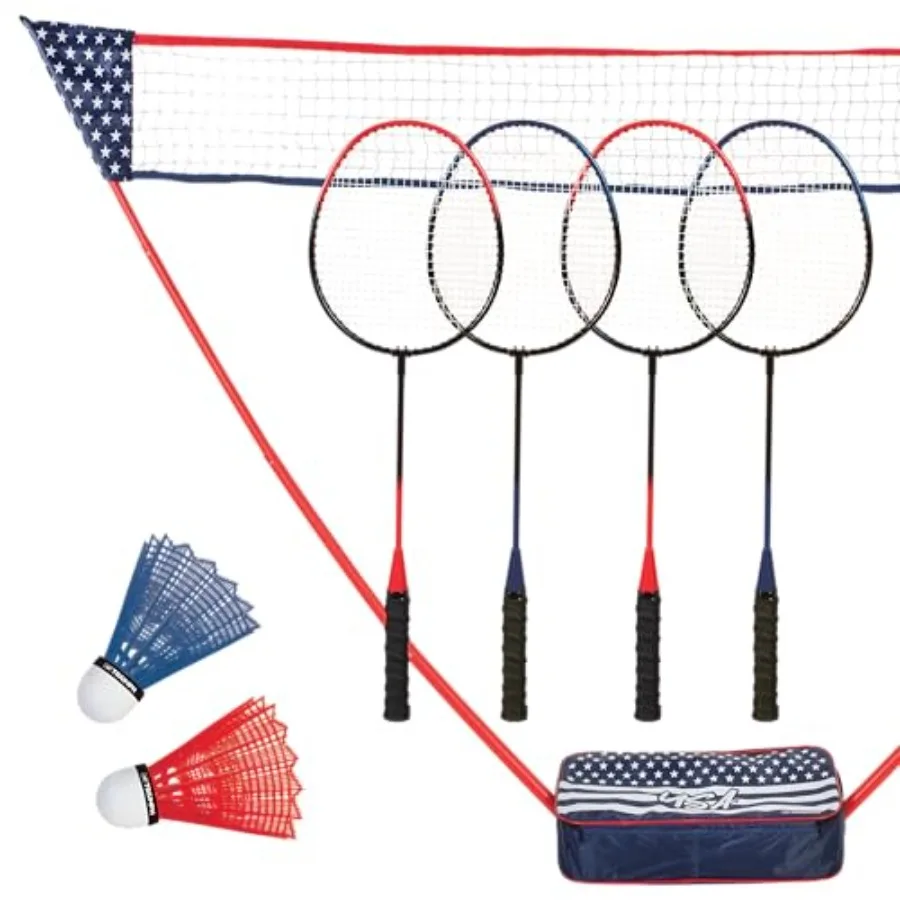 

Triumph Patriotic Portable Badminton Set with Freestanding Net 4 Rackets 2 Shuttlecocks and Carry Case All-in-One Outdoor Game