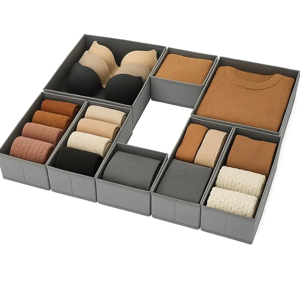

Набор из 8 тканевых органайзеров для ящиков – складные контейнеры для хранения в шкафу для одежды, нижнего белья, детских вещей и бюстгальтеров | Разделитель для ящиков комода