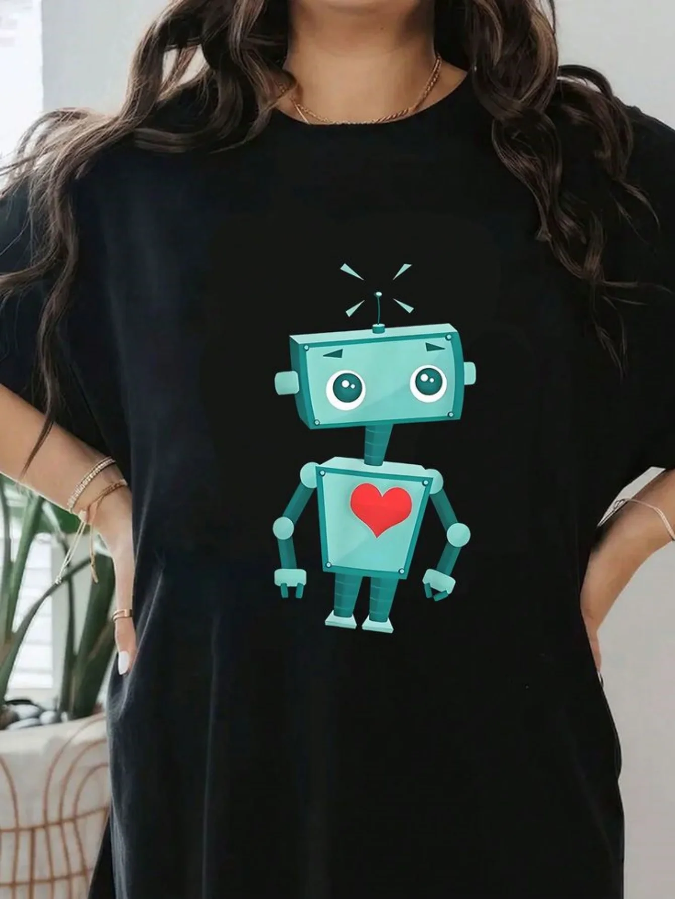 

Cute Cartoon Robot Graphic Print Summer Autumn Winter Men's and Women's Short Sleeved T-shirt Casual Loose Outdoor Street Trend