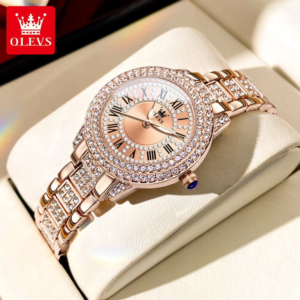 OLEVS Full Diamond Roman Dial Watch Women Luxury Elegant Stainless steel Waterproof High Quality Quartz Women's Watches 9943