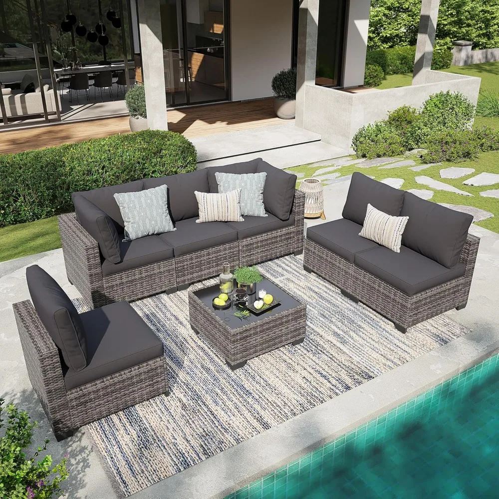 

7 Pcs Patio Furniture Set, All Weather Outdoor Sectional Set, Wicker Outside Furniture Patio Sofa Set for Backyards, Porch, Pool